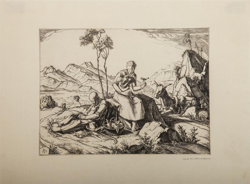 Appraisal: Continental School Travelers Etching on laid paper with margins indistinctly