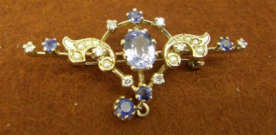 Appraisal: Sapphire Diamond and pearl hallmarked ct gold brooch