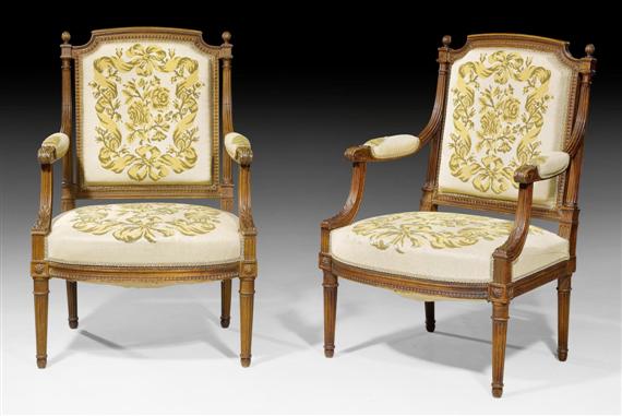 Appraisal: PAIR OF FAUTEUILS A LA REINE Louis XVI stamped G