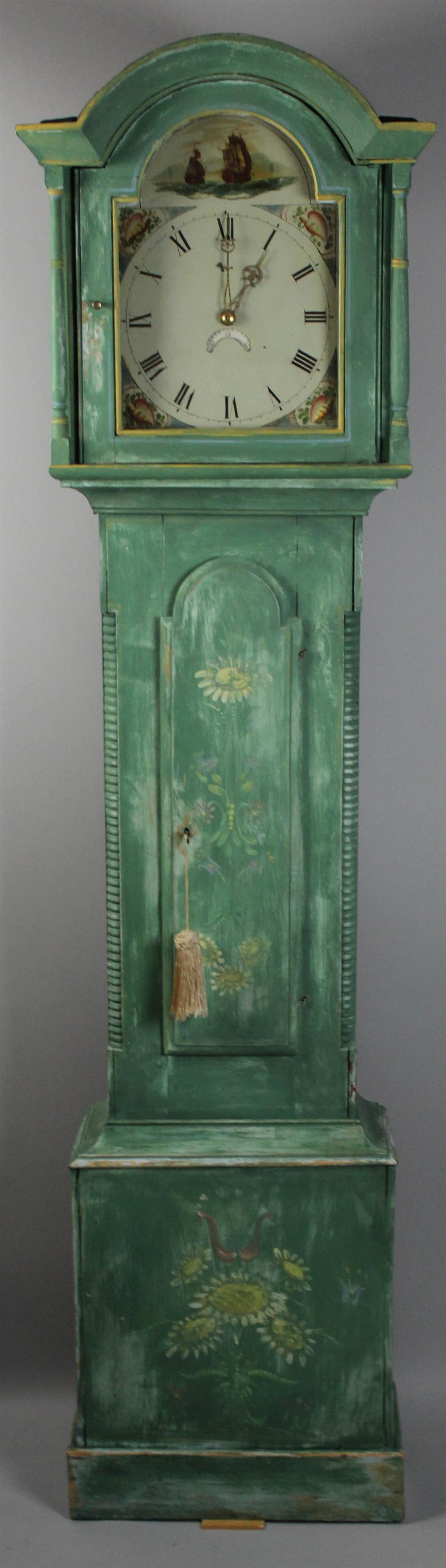 Appraisal: AMERICAN PAINTED AND DECORATED PINE TALL CASE CLOCK mid- th