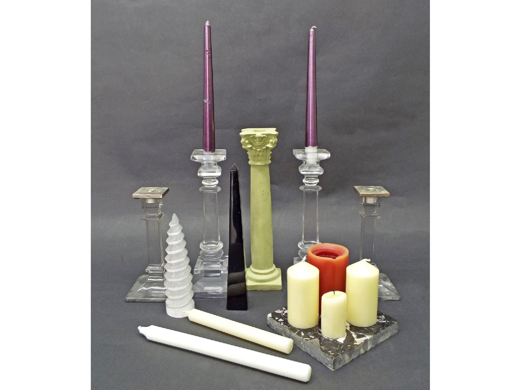 Appraisal: Pair of glass candlesticks with silver rims high together with