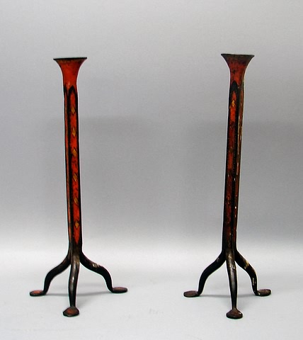 Appraisal: Pair of wrought iron candlesticks flaring socket on square shaft