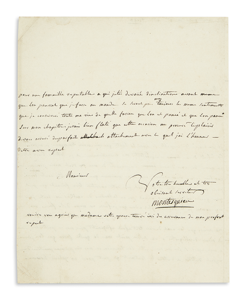 Appraisal: MONTESQUIEU CHARLES DE SECONDAT Autograph Letter Signed Montesquieu to the