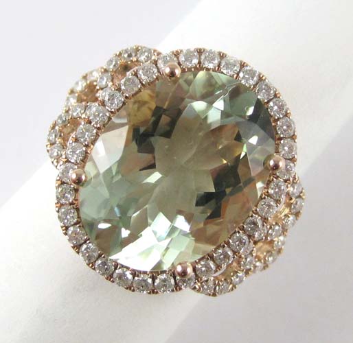 Appraisal: GREEN AMETHYST AND DIAMOND RING k rose gold with round-cut