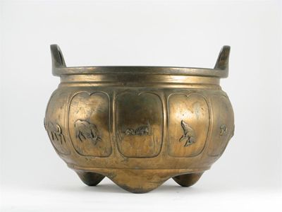 Appraisal: A large Japanese gilt metal tripod censer cast with twelve