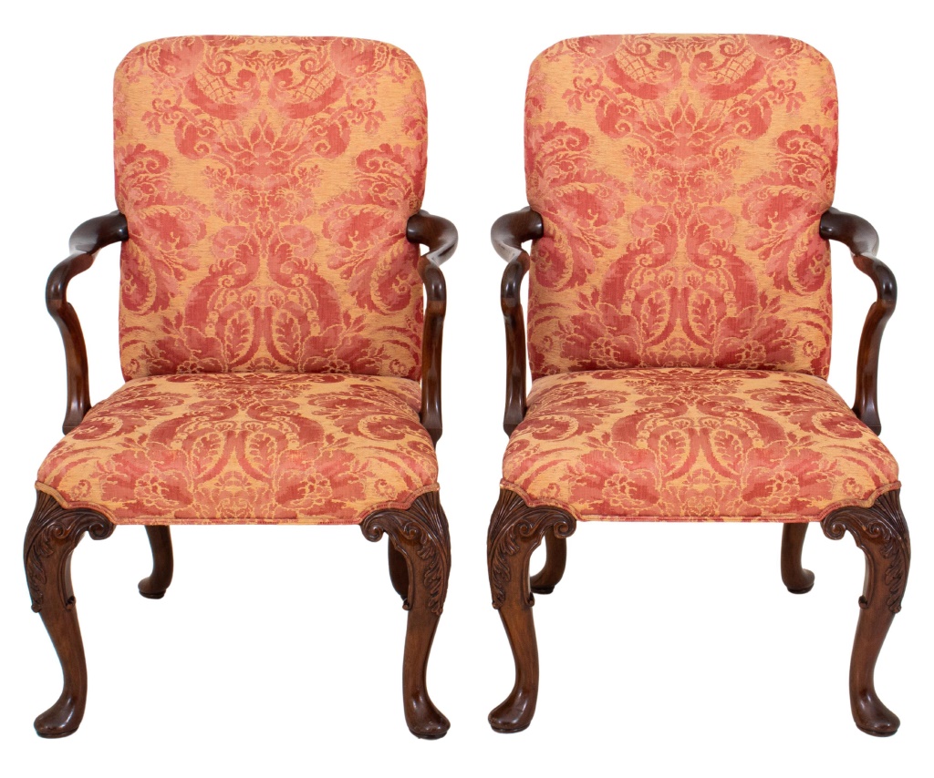 Appraisal: GEORGE II STYLE MAHOGANY ARM CHAIRS PAIR George II style