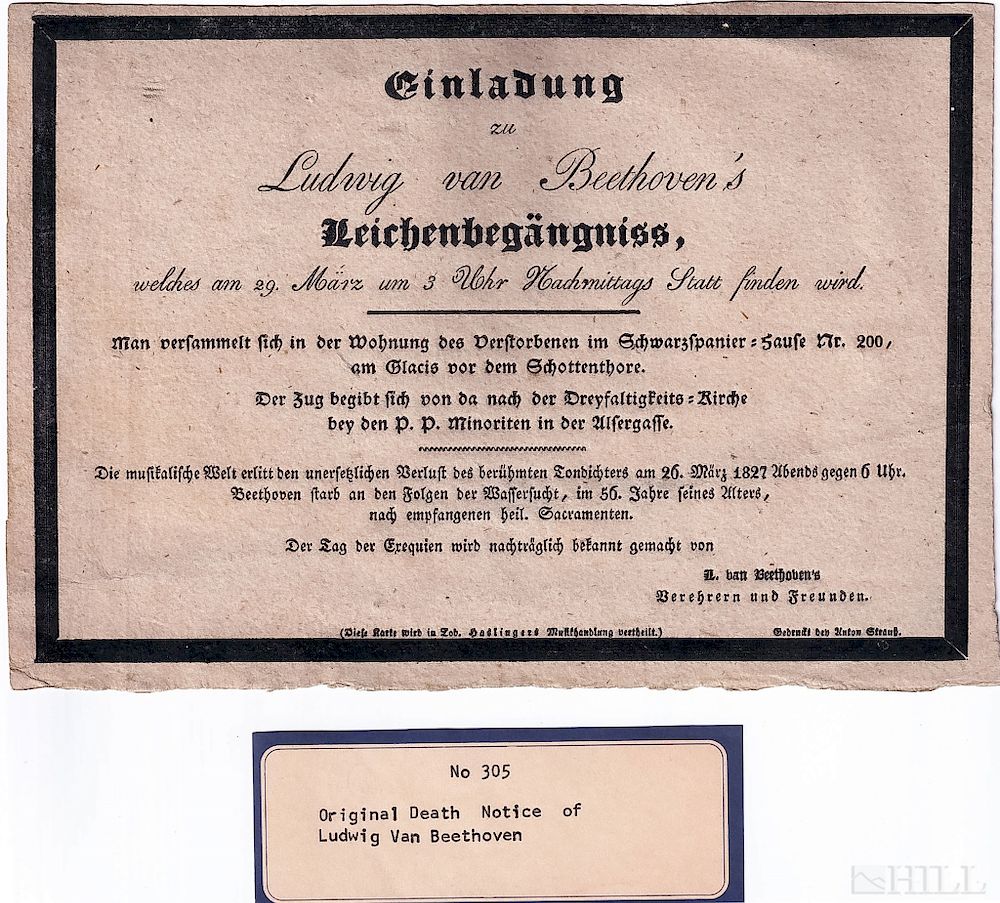 Appraisal: Ludwig Van Beethoven th C Composer Death Notice Ludwig Van