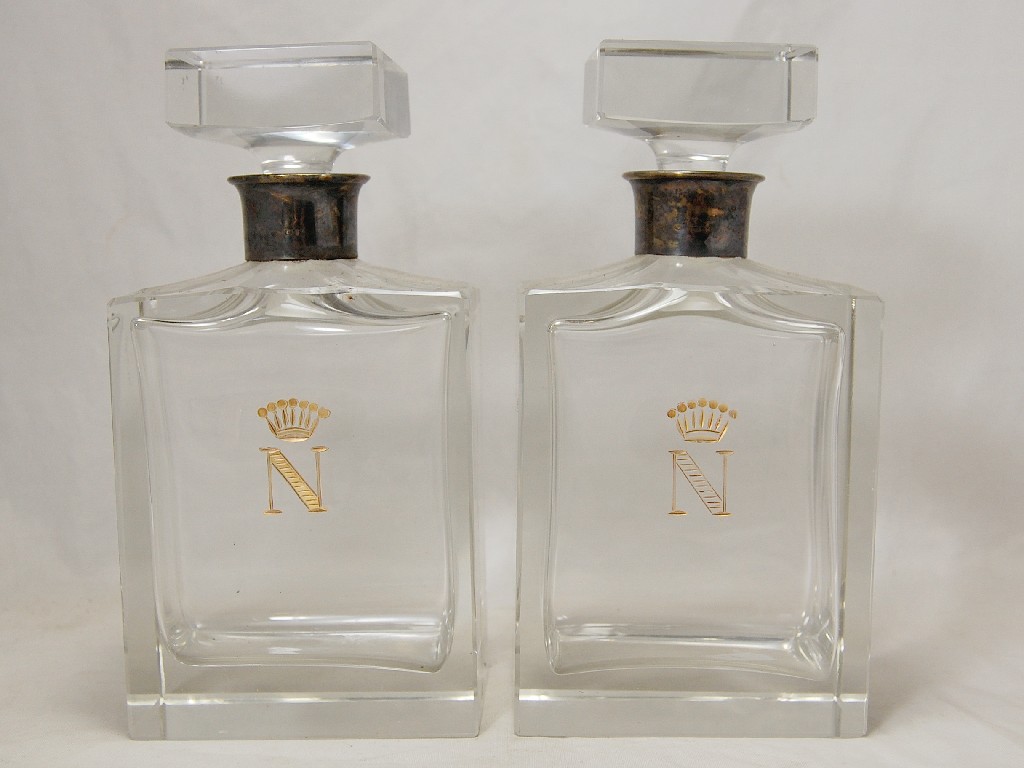 Appraisal: Pair of heavy Art Deco style rectangular glass decanters having