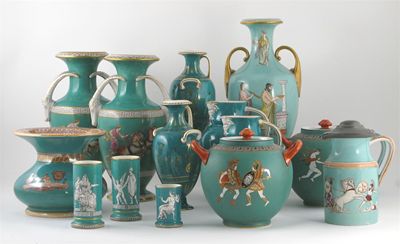 Appraisal: Three pairs of vases two with covers four jugs and