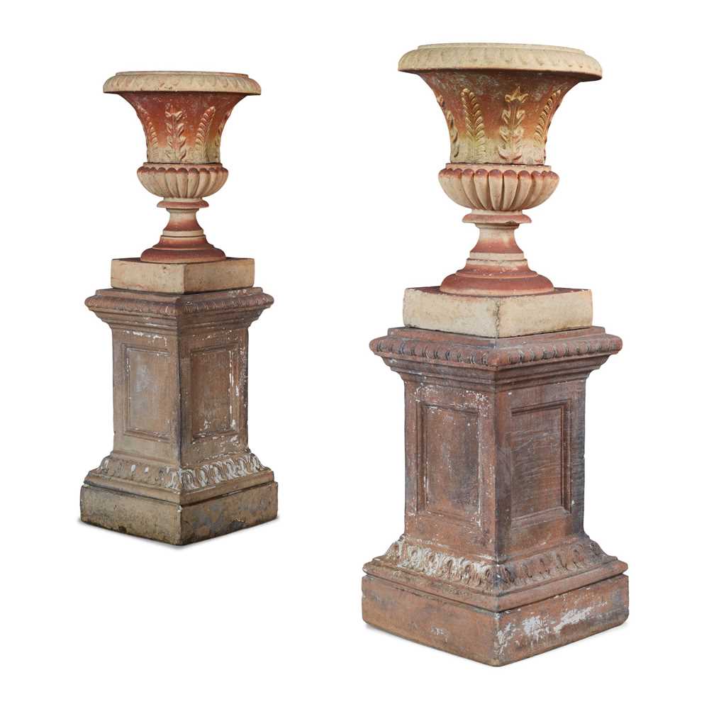 Appraisal: PAIR OF SCOTTISH FIRECLAY URNS AND PEDESTALS TH CENTURY the