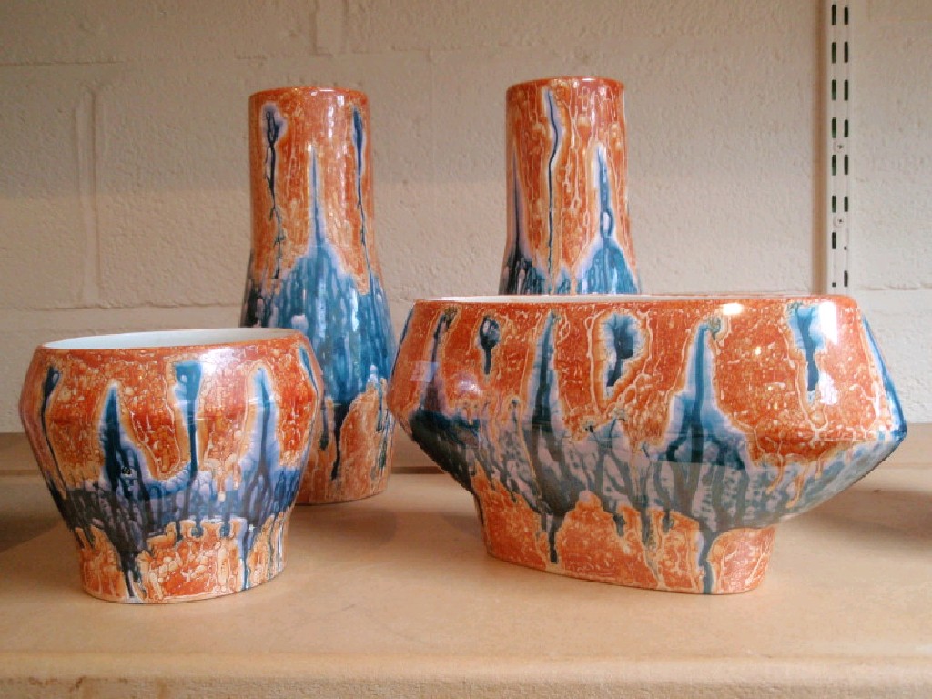 Appraisal: Four pieces of Sylvac blue and orange drip glazed vases