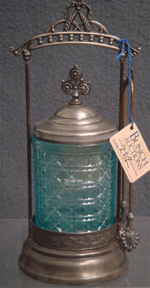 Appraisal: Plated silver Victorian pickle jar pale blue button pattern insert