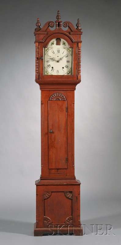 Appraisal: Painted Cherry Tall Clock with Automaton Pennsylvania c scroll top