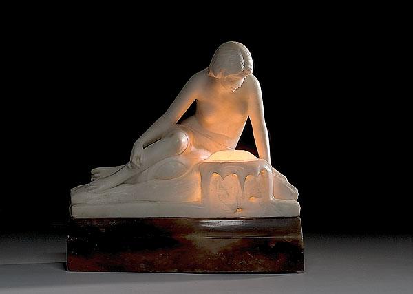 Appraisal: EARLY TH CENTURY ALABASTER NUDE LAMP alabaster on marble base