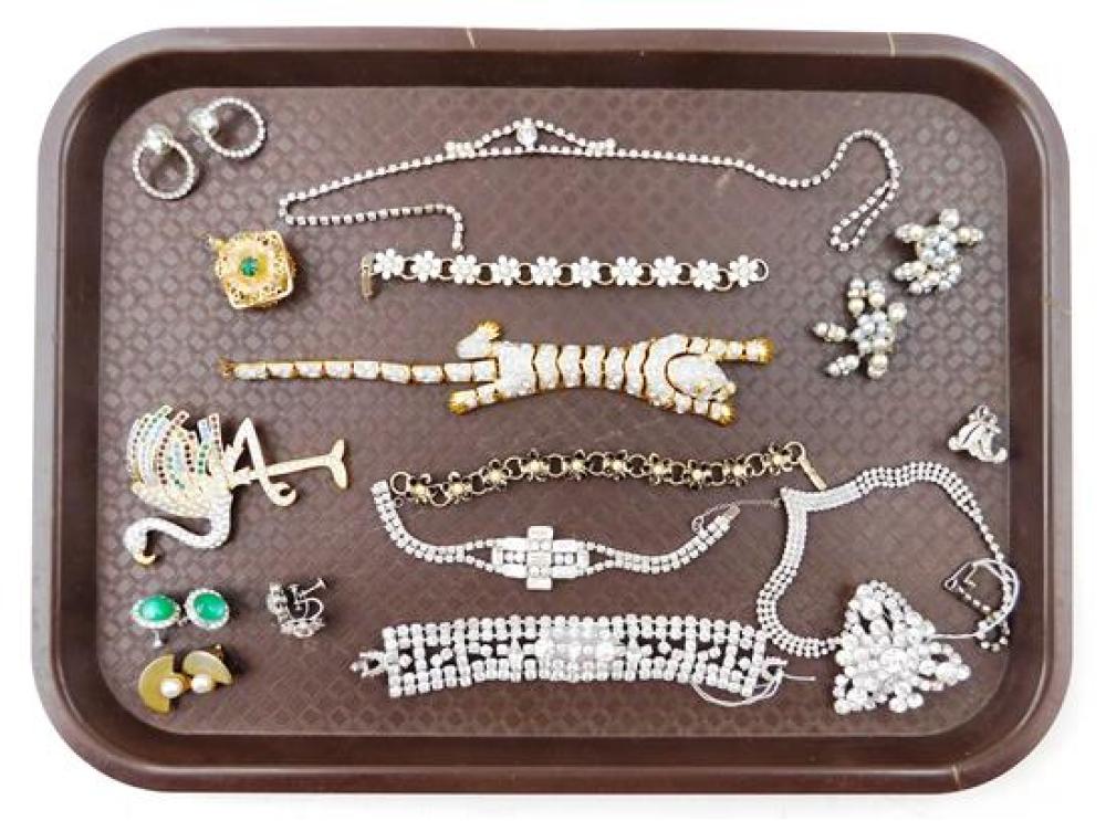 Appraisal: COSTUME JEWELRY Sixteen pieces rhinestone themed lot details include leopard