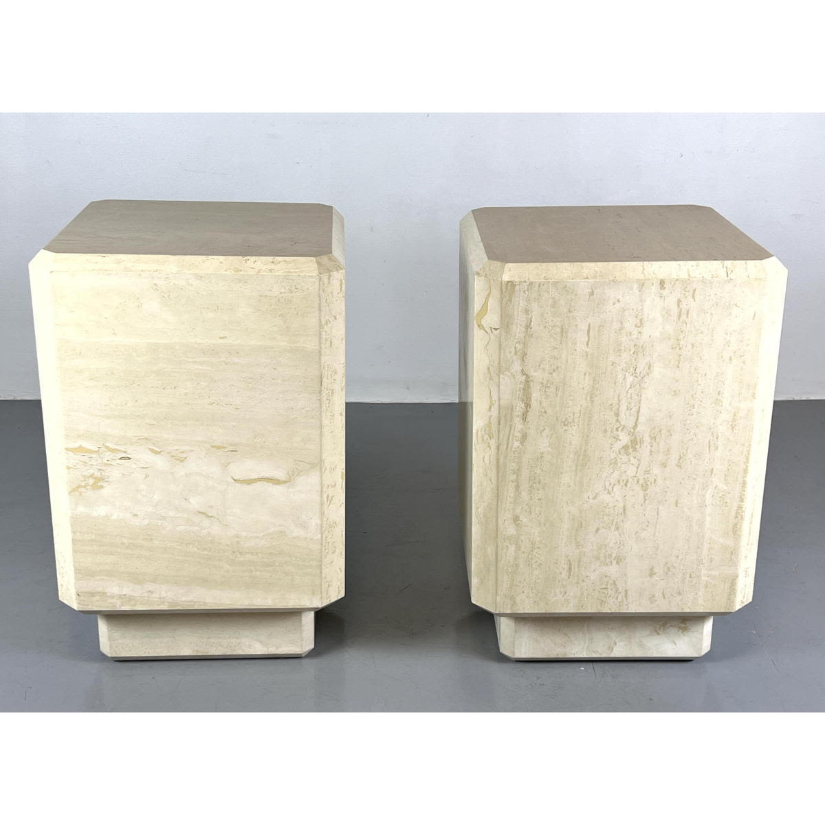 Appraisal: Pr Travertine Display Pedestals Tall Side Tables Beveled edges Recessed