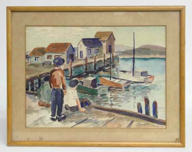 Appraisal: Watercolor dock scene signed ''Chandler'' Site '' x ''