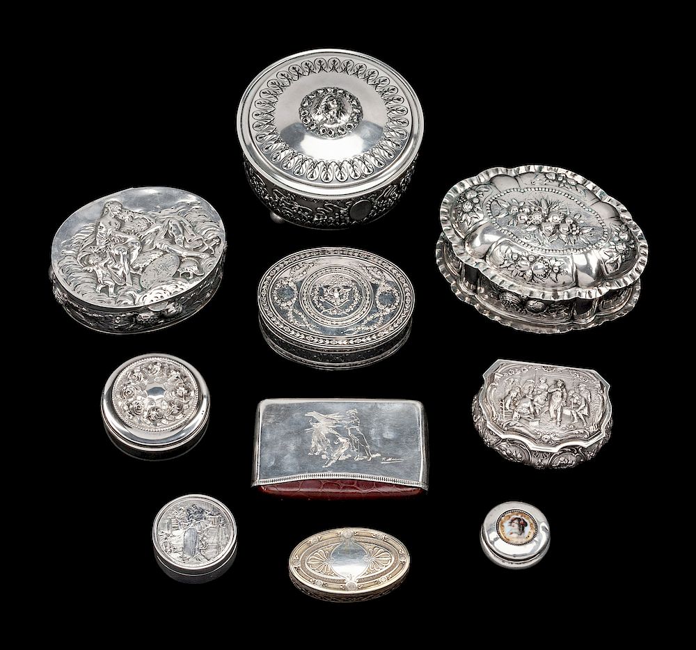 Appraisal: A Collection of Ten Continental Silver Boxes A Collection of