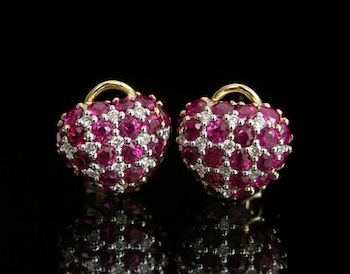 Appraisal: A Pair of Ruby Heart Shape Earrings k yellow gold