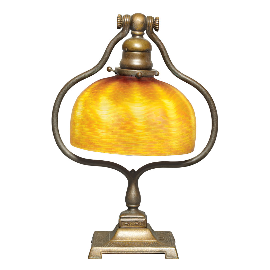 Appraisal: Tiffany Studios Gilt-Bronze and Favrile Glass Harp Desk Lamp First