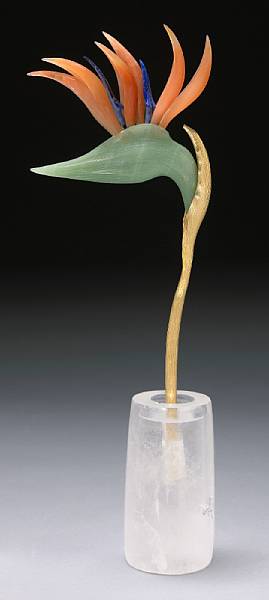 Appraisal: Carved Gemstone Flower Study Bird of Paradise By Peter Mueller