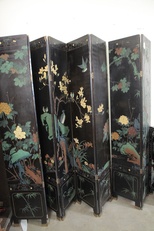 Appraisal: ORIENTAL SCREEN Eight panel black laquered screen with polychrome floral