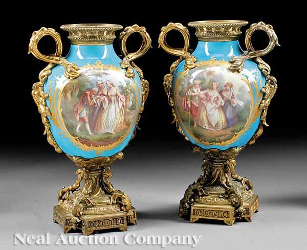 Appraisal: A Pair of S vres-Style Porcelain and Gilt Bronze-Mounted Urns