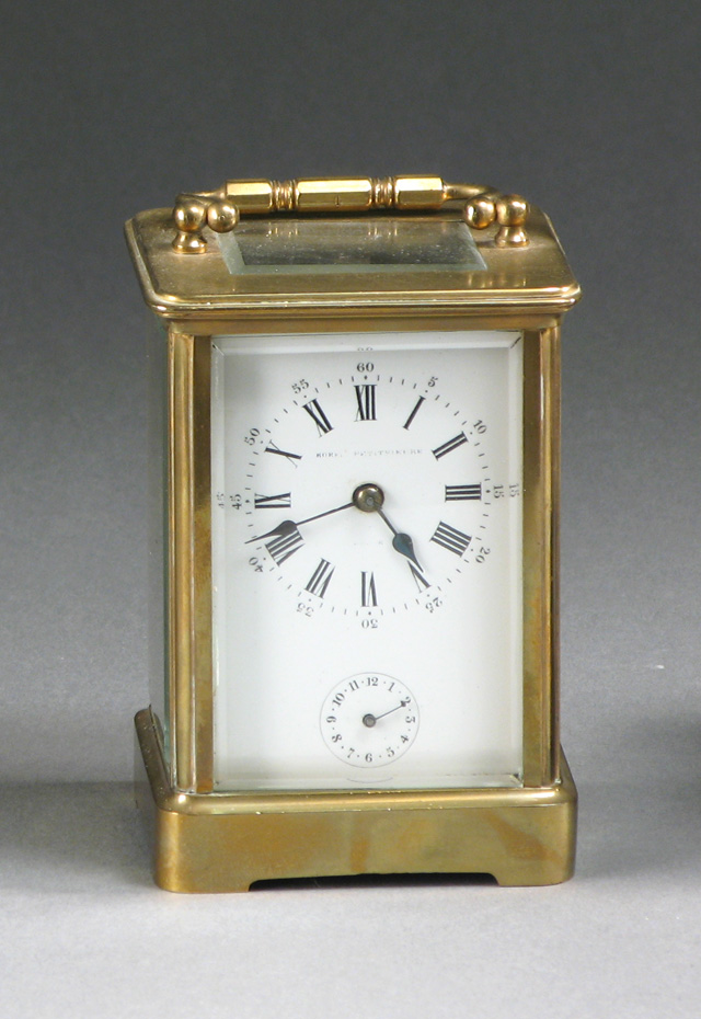 Appraisal: BRASS CARRIAGE ALARM CLOCK Rorri Petitpierre French early th century