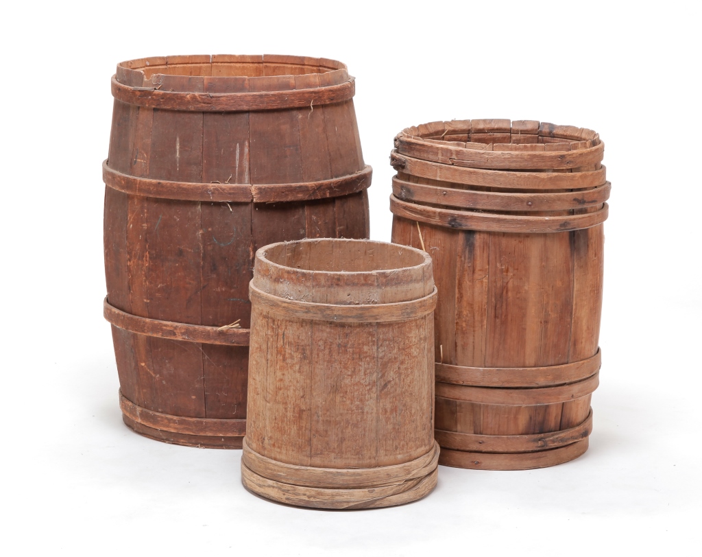 Appraisal: TWO STAVE CONTRUCTED BARRELS AND A BUCKET Second half th