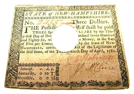 Appraisal: NH - Three Dollar Note - Hole cancelled Fine or