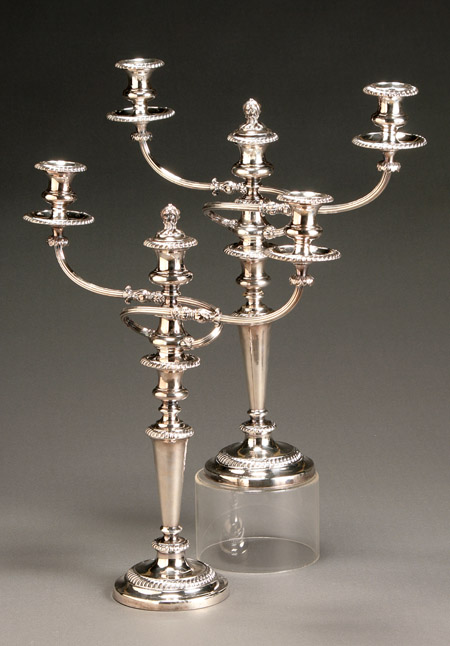 Appraisal: Pair of Sheffield Plate Three-Light Convertible Candelabra Late th Century