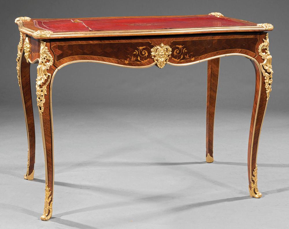 Appraisal: Louis XV-Style Bronze-Mounted Kingwood Petite Bureau Plat serpentine inset tooled