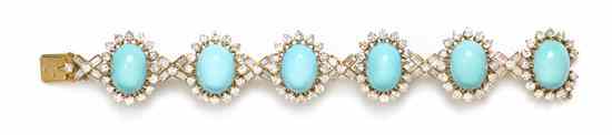 Appraisal: An Karat Yellow Gold Turquoise and Diamond Bracelet Marchak consisting