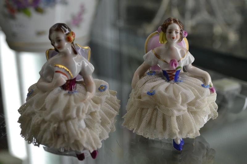 Appraisal: A PAIR OF MINIATURE DRESDEN LACE FIGURES