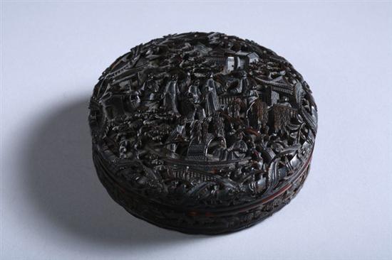 Appraisal: CHINESE TORTOISE SHELL BOX Carved to depict court scene and