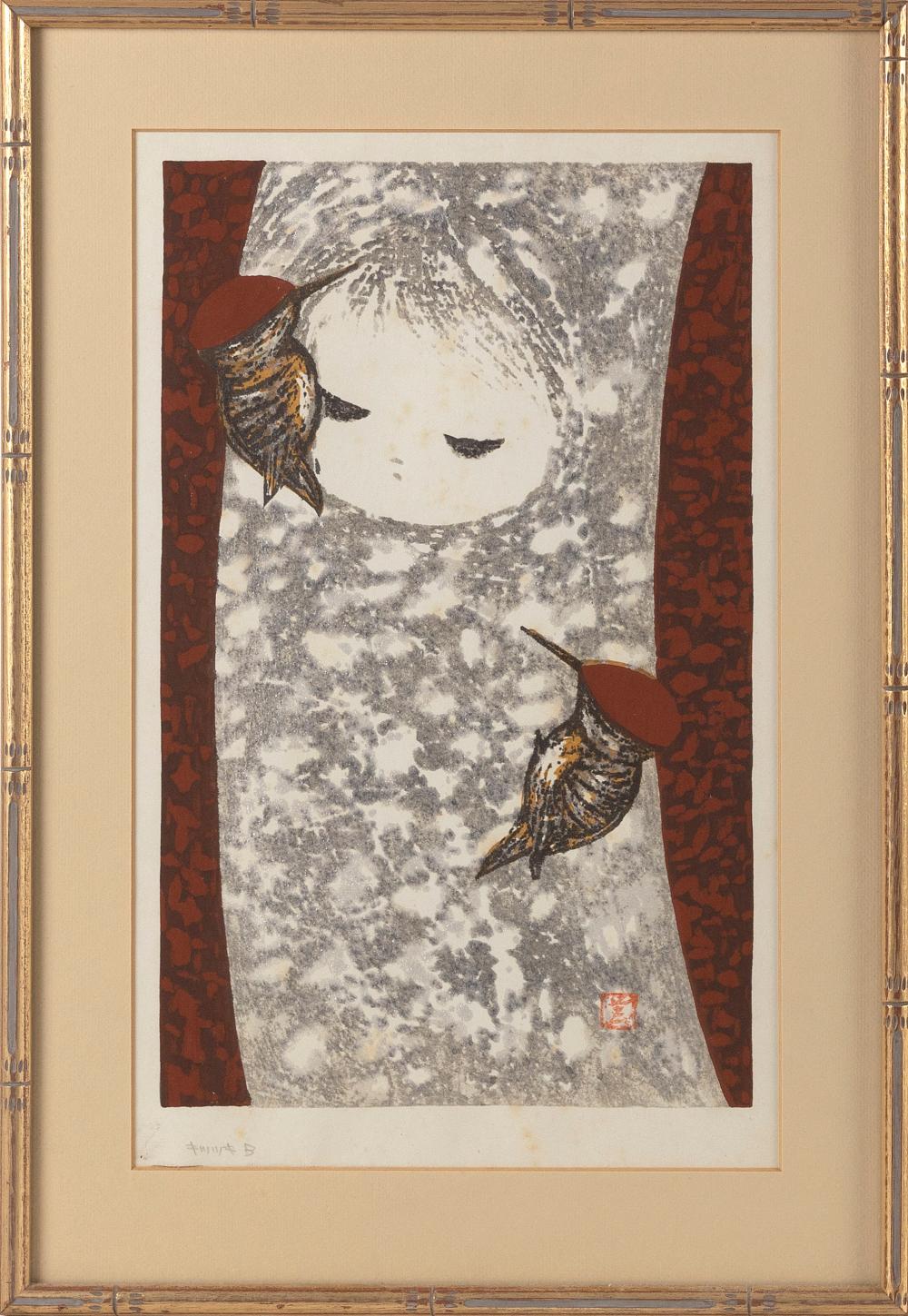 Appraisal: KAORU KAWANO JAPAN - TREE GIRL WITH WOODPECKERS OBAN TATE-E