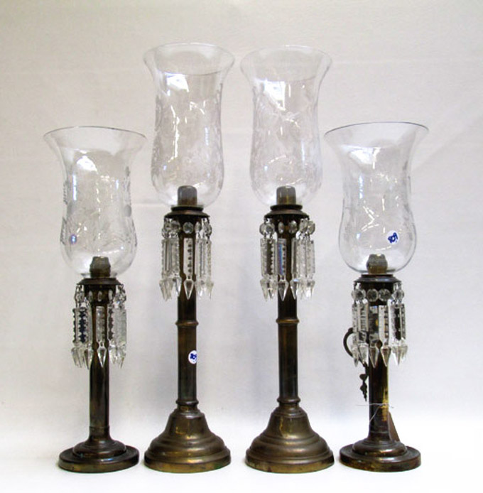 Appraisal: TWO PAIR OF EARLY AMERICAN HURRICANE LAMPS with clear hanging