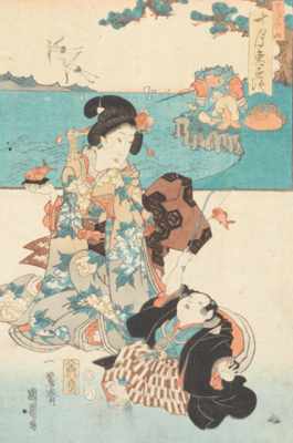 Appraisal: Utagawa Kunisada Japanese - Geisha and child playing at fishing