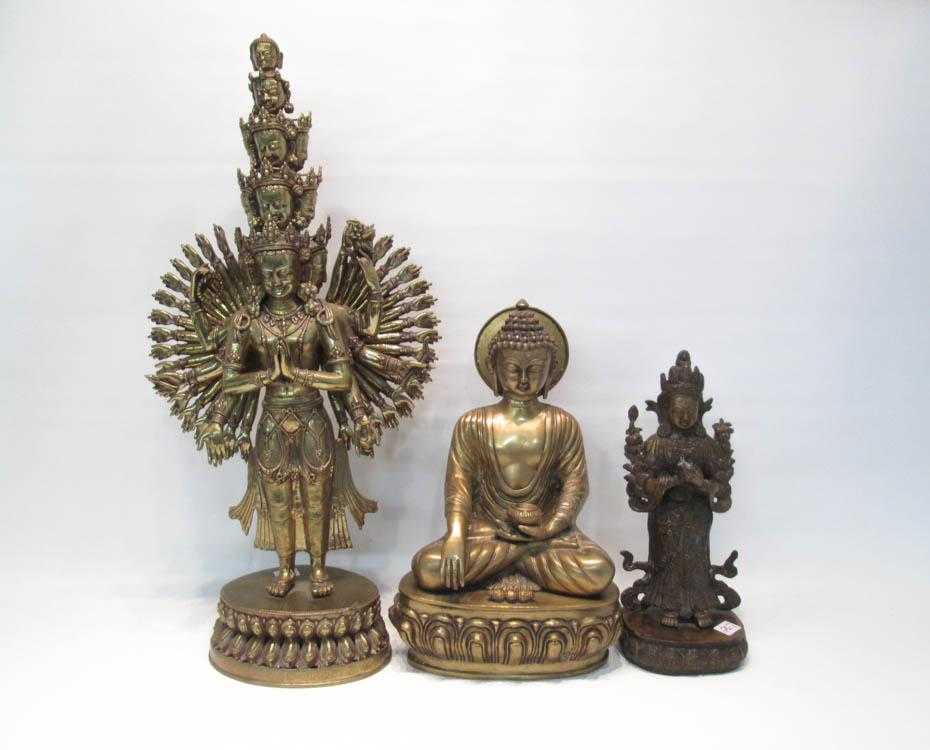 Appraisal: THREE CAST BRONZE ASIAN ART OBJECTS a Buddha figure sitting