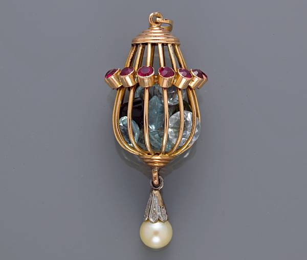 Appraisal: A red blue and green stone and cultured pearl birdcage