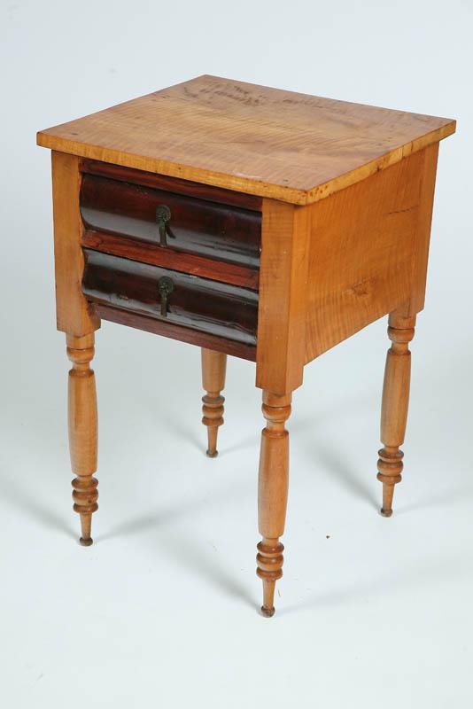 Appraisal: TWO DRAWER STAND Curly maple with cherry drawers and metal