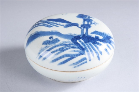 Appraisal: CHINESE BLUE AND WHITE PORCELAIN BOX AND COVER Kangxi four-character