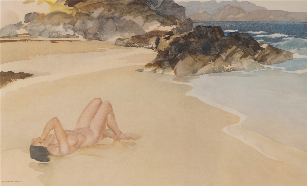 Appraisal: Offset lithograph print Leaning Nude on Beach Sir William Russell