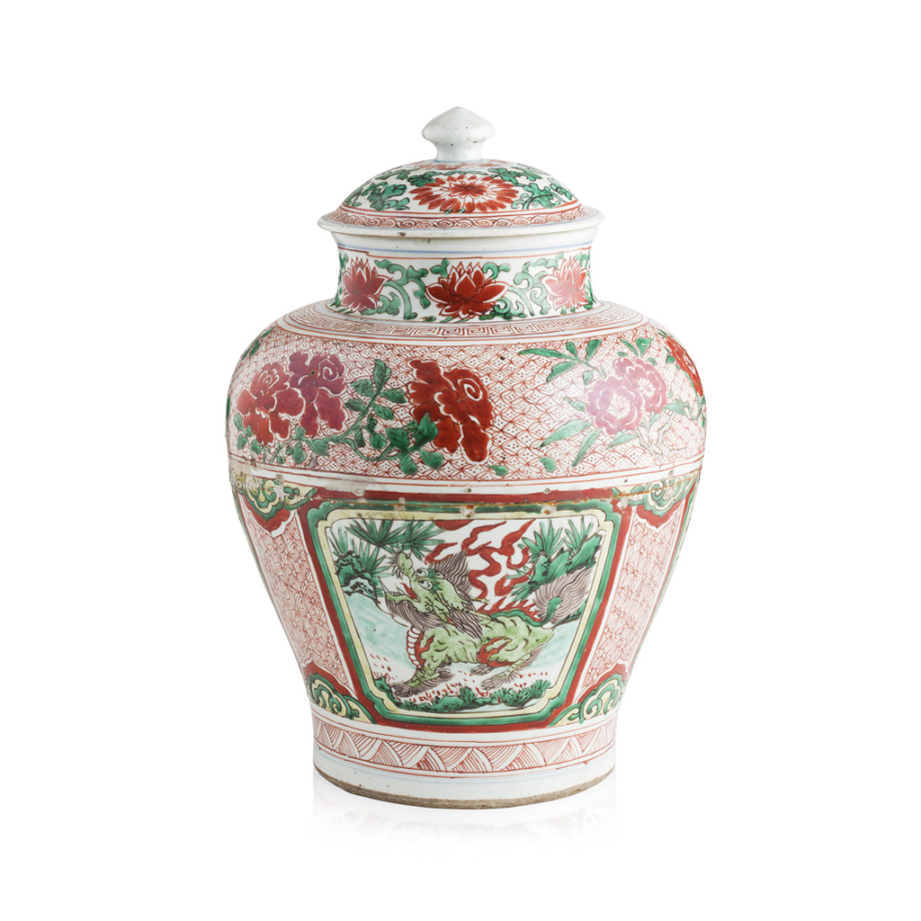 Appraisal: LARGE FAMILLE VERTE COVERED JAR KANGXI PERIOD the baluster sides