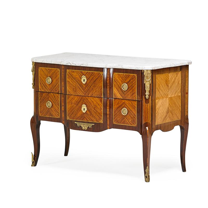 Appraisal: LOUIS XV COMMODE Gilt-bronze mounted parquetry with marble top th