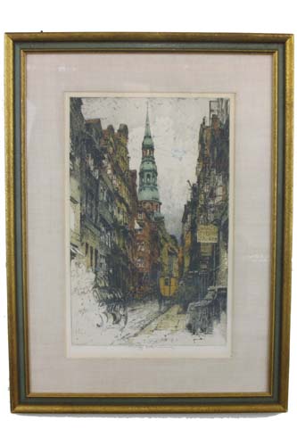 Appraisal: LUIGI KASIMIR COLORED ETCHING Austria - titled Hamburg Katharinenstrasse in