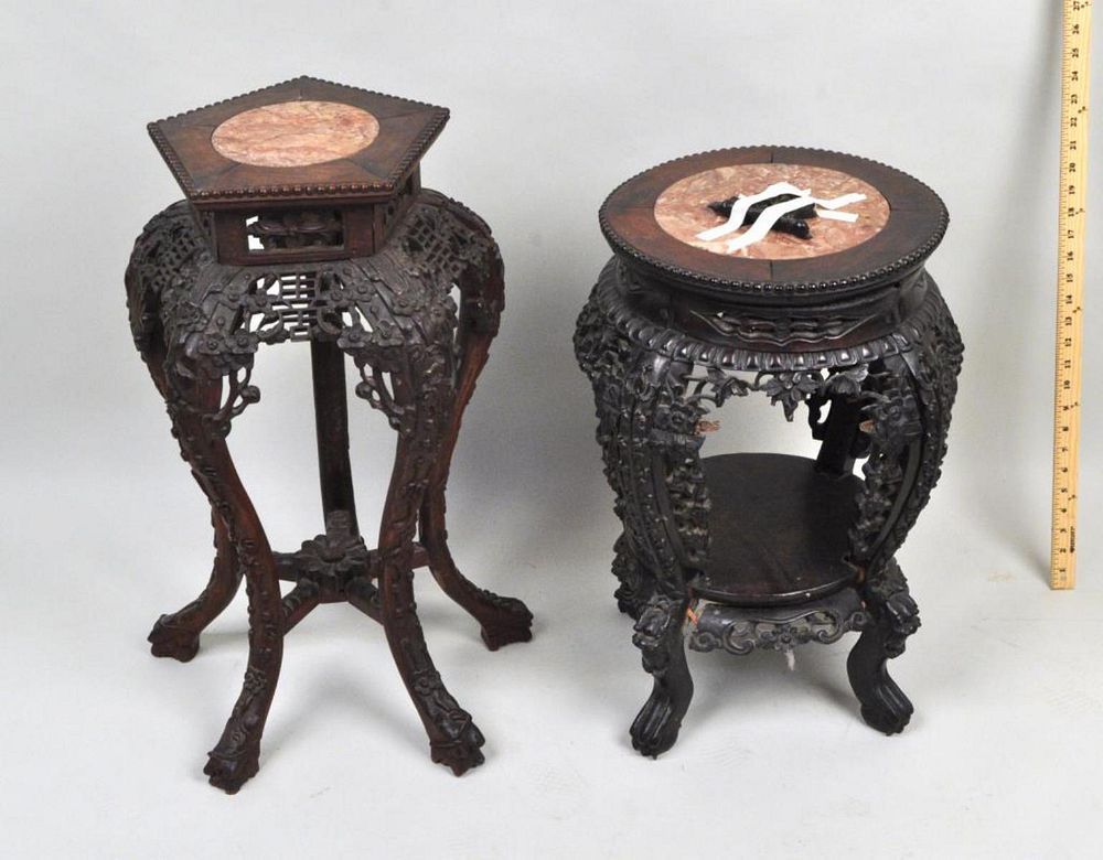 Appraisal: Two Chinese Carved Hardwood Marble Inset Stands each with elaborate