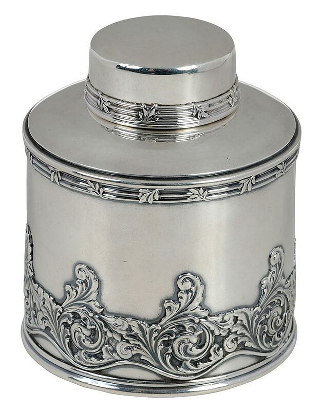 Appraisal: Tiffany Sterling Tea Caddy American - cylinder form applied decoration