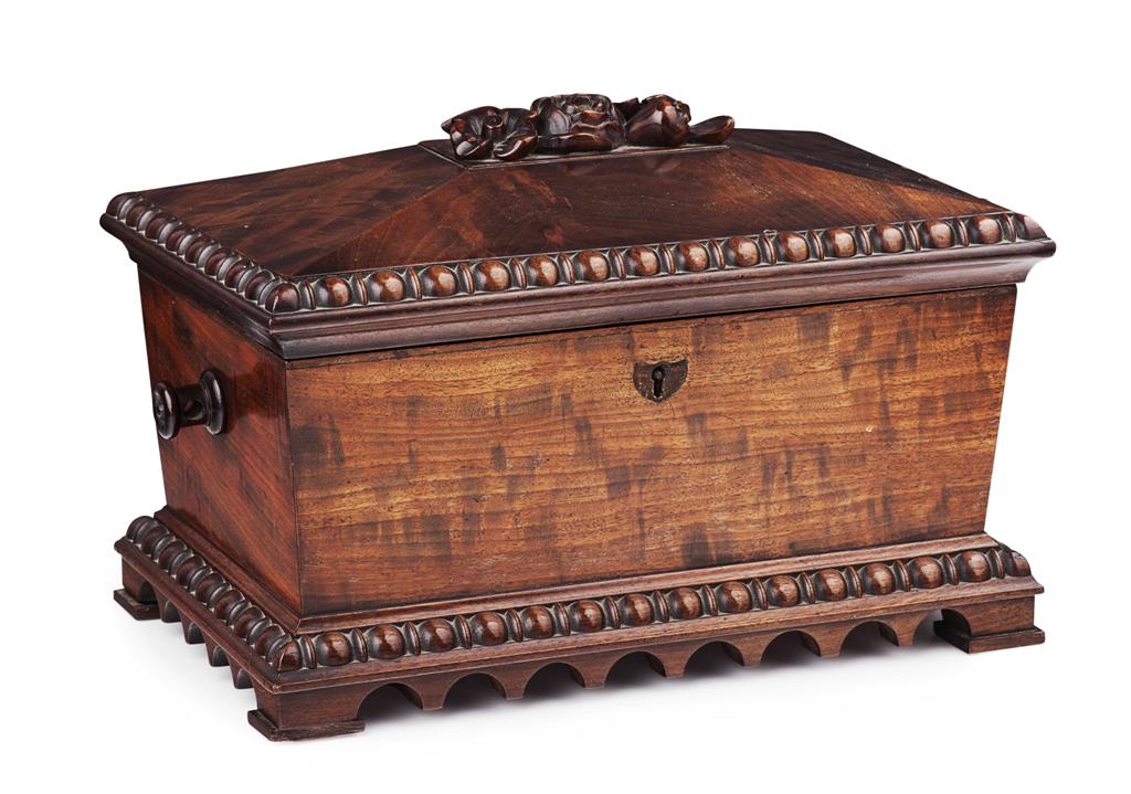 Appraisal: GEORGE IV MAHOGANY TEA CADDY CIRCA of sarcophagus form the