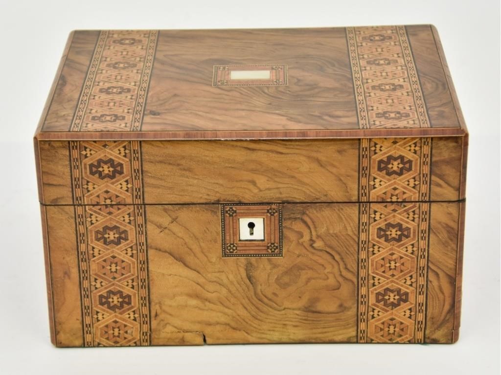 Appraisal: English inlaid olive wood sewing box circa with mother-of-pearl escutcheon